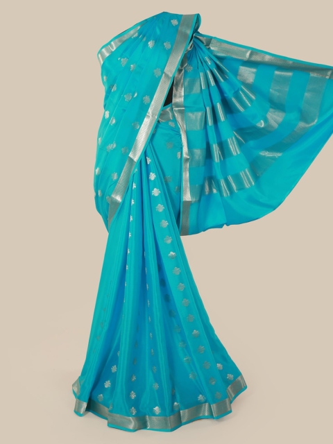 Pothys Turquoise Blue & Silver-Coloured Pure Silk Woven Design Mysore Silk Saree