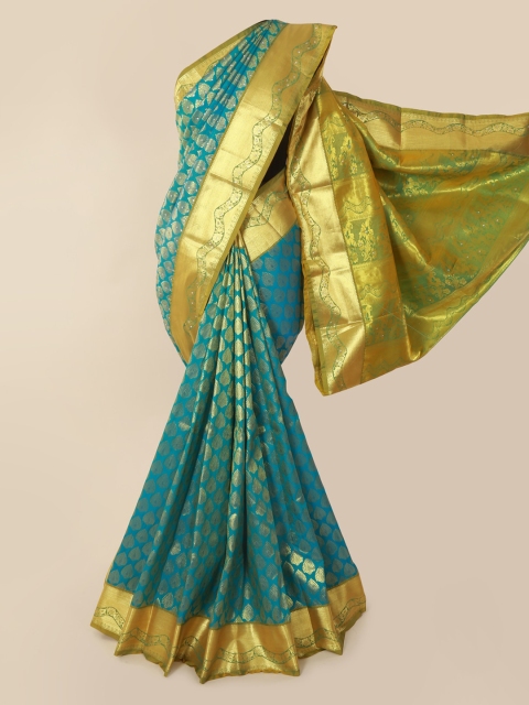Pothys Teal & Gold-Toned Pure Silk Woven Design Kanjeevaram Saree