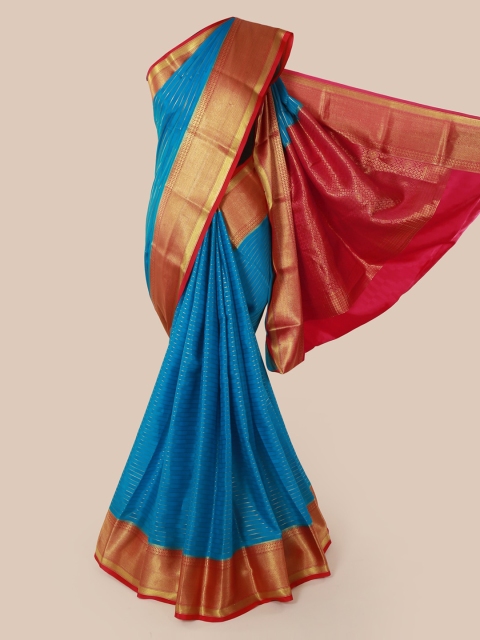 Pothys Turquoise Blue & Red Pure Silk Striped Mysore Silk Saree