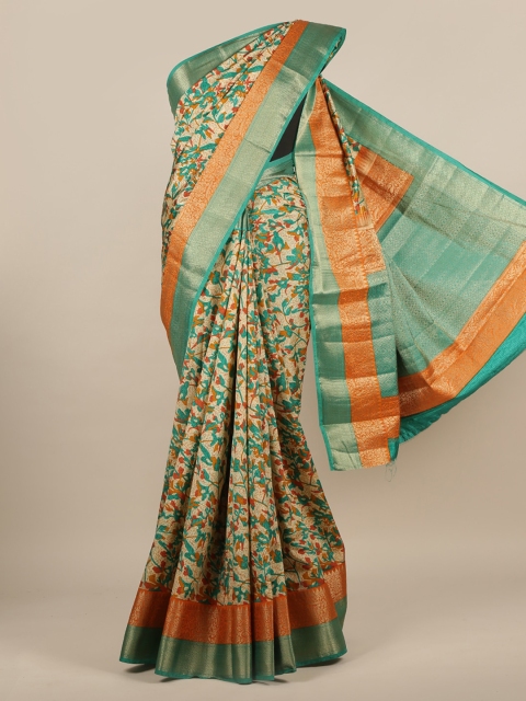 Pothys Cream-Coloured & Green Jute Silk Floral Printed Saree