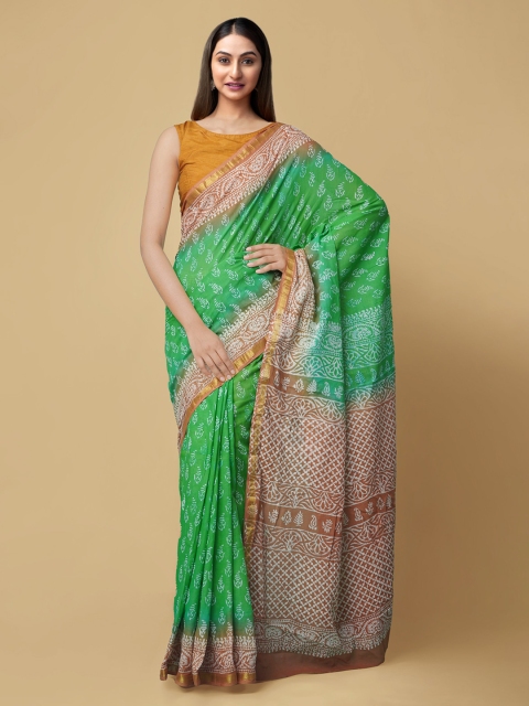 Unnati Silks Green Pure Cotton Printed Block Print Saree