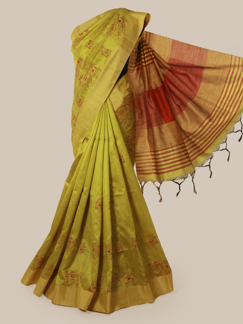 Pothys Green Printed Jute Silk Saree