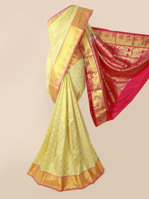 Pothys Cream-Coloured & Pink Pure Silk Woven Design Kanjeevaram Saree