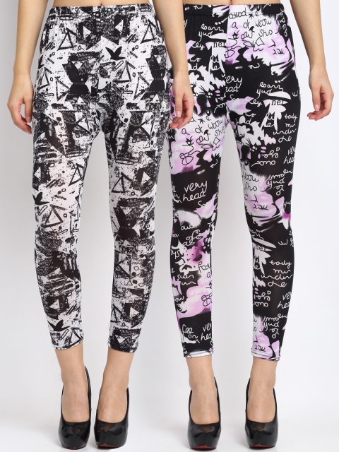 NEUDIS Women Pack of 2 Printed Skinny Fit Ankle Length Crop Leggings, Black