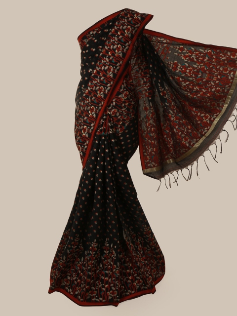 Pothys Black & Red Jute Silk Floral Printed Saree