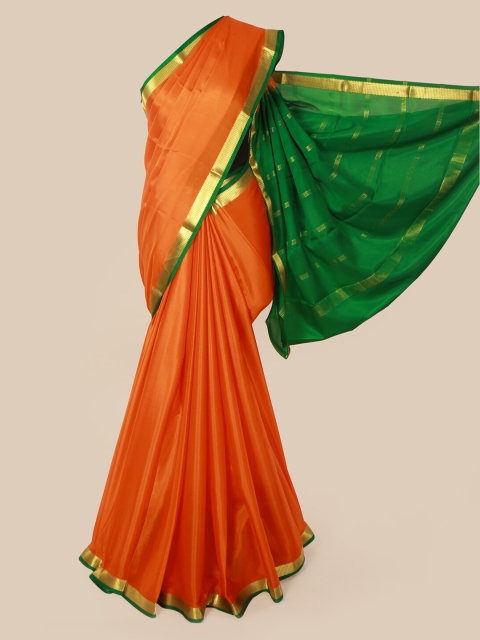 Pothys Orange & Green Pure Silk Solid Mysore Silk Saree