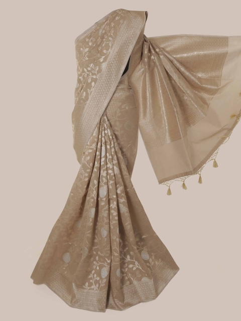 Pothys Brown & Silver-Coloured Organza Floral Woven Design Saree