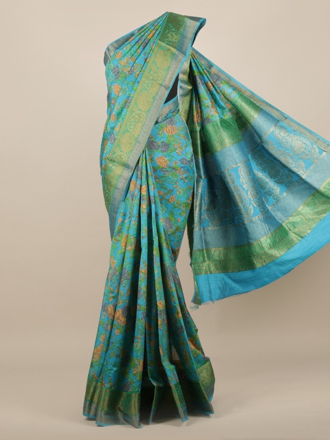 Pothys Blue Printed Jute Silk Saree