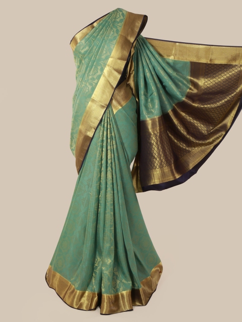 Pothys Sea Green & Gold-Toned Pure Silk Woven Design Mysore Silk Saree