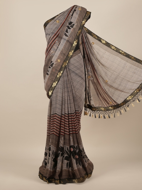 Pothys Grey Printed Poly Chiffon Saree