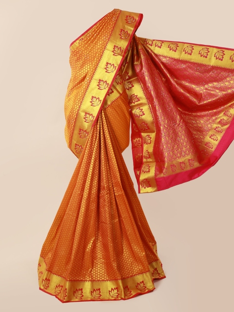Pothys Orange & Gold-Toned Pure Silk Woven Design Kanjeevaram Saree