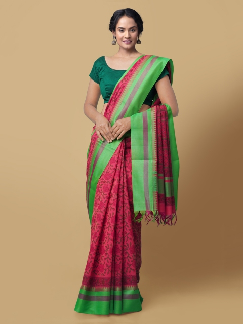 Unnati Silks Pink & Green Printed Chanderi Handloom Saree