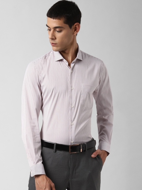 Peter England Men White & Brown Slim Fit Striped Semiformal Shirt