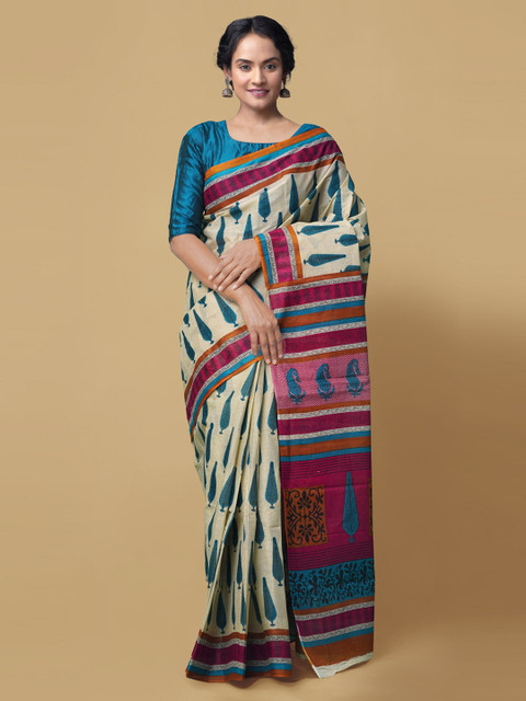 Unnati Silks Cream-Coloured & Blue Pure Cotton Printed Baluchari Handloom Saree
Unnati Silks Cream-Coloured & Blue Pure Cotton Printed Baluchari Handloom Saree