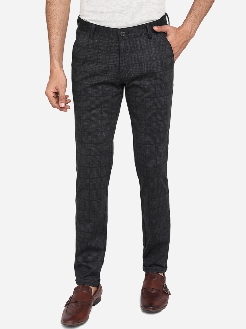 JADE BLUE Men Grey Slim Fit Checked Pure Cotton Chinos