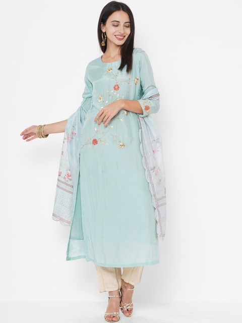 FASHOR Women Turquoise Blue Floral Embroidered Thread Work Kurta With Dupatta