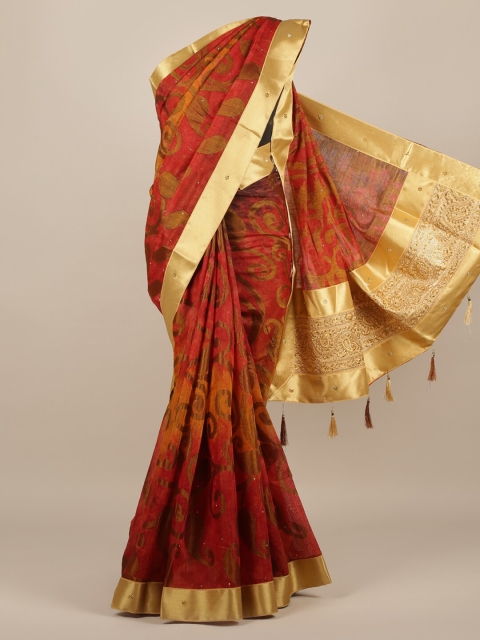 Pothys Red & Green Jute Silk Woven Design Saree