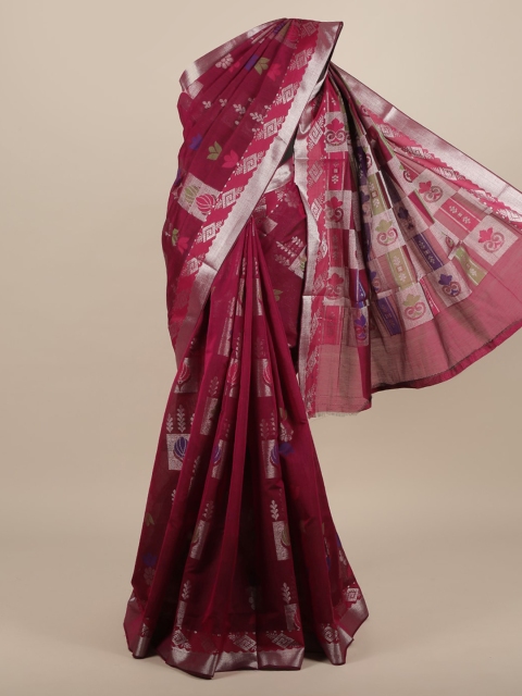 Pothys Burgundy & Silver-Toned Silk Cotton Woven Design Saree