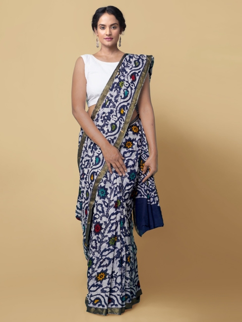 Unnati Silks White & Navy Blue Pure Cotton Printed Dabu Saree