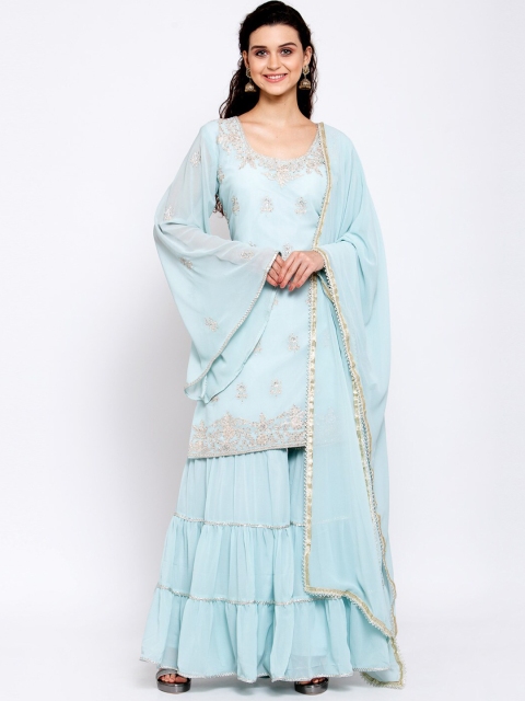 KHALOM Women Turquoise Blue Ethnic Motifs Embroidered Kurta with Sharara & With Dupatta
KHALOM Women Turquoise Blue Ethnic Motifs Embroidered Kurta with Sharara & With Dupatta