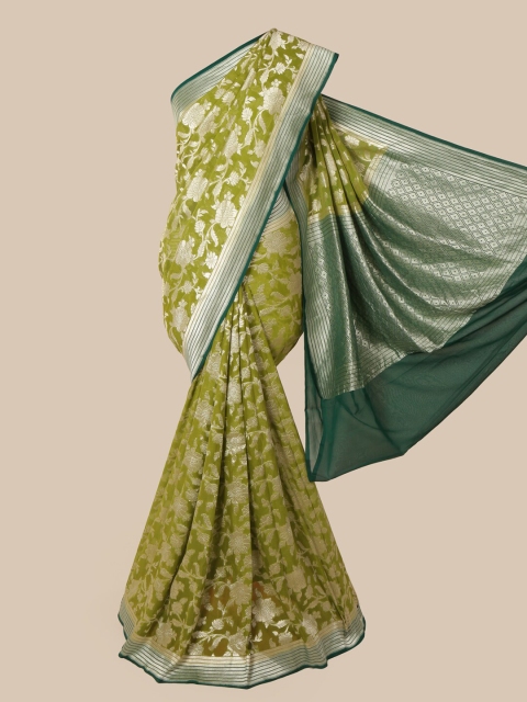Pothys Green & Silver-Coloured Pure Silk Woven Design Banarasi Saree