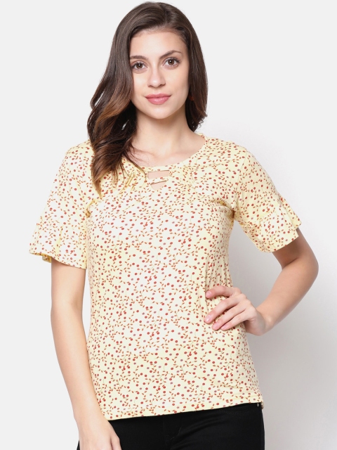 V2 Value & Variety Yellow Floral Printed Chambray Regular Top