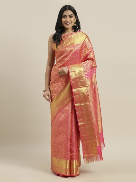 The Chennai Silks Pink & Gold-Toned Pure Silk Woven Design Kanjeevaram Saree