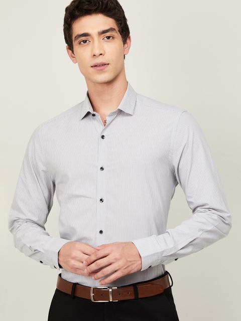 CODE by Lifestyle Men Grey & White Slim Fit Striped BUXTON Cotton Formal Shirt