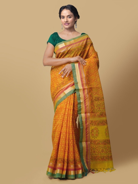 Unnati Silks Yellow & Red Woven Design Chanderi Handloom Saree