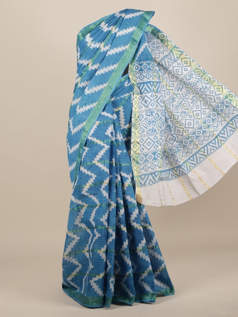 Pothys Blue & Off-White Pure Cotton Printed Saree
