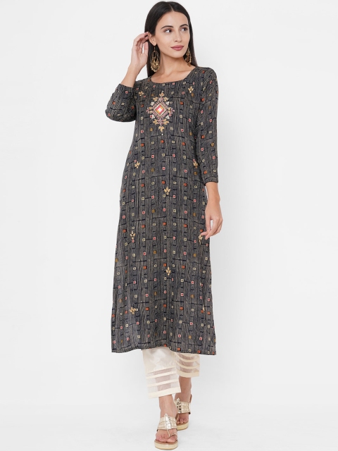 FASHOR Women Navy Blue & Beige Geometric Printed Thread Work Indigo Kurta