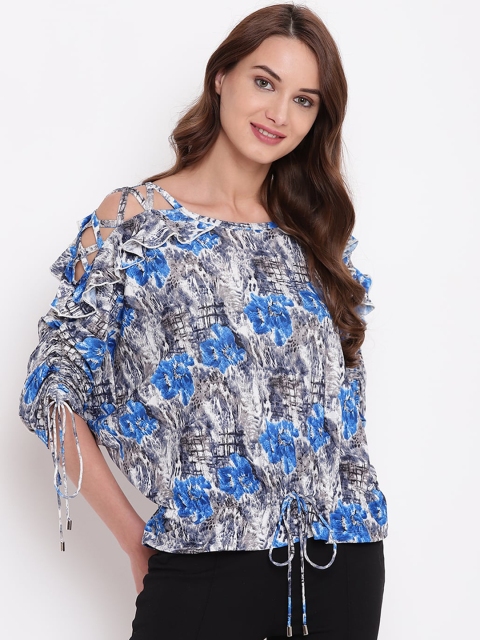 Texco Blue & Grey Floral Printed Blouson Top