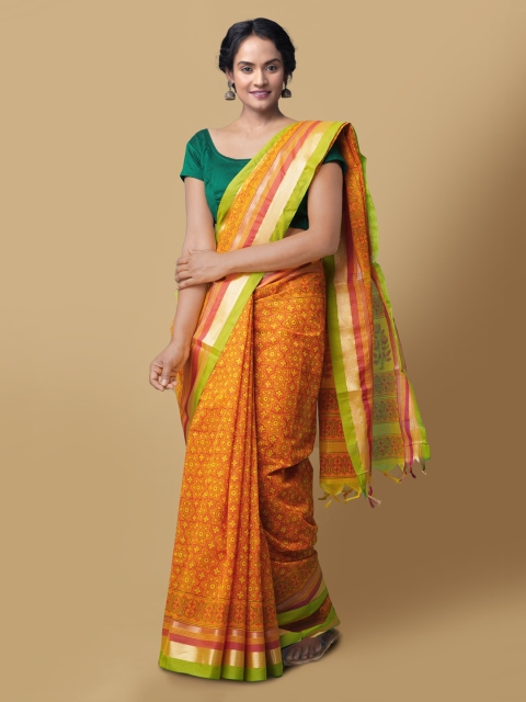 Unnati Silks Orange & Yellow Printed Chanderi Saree
