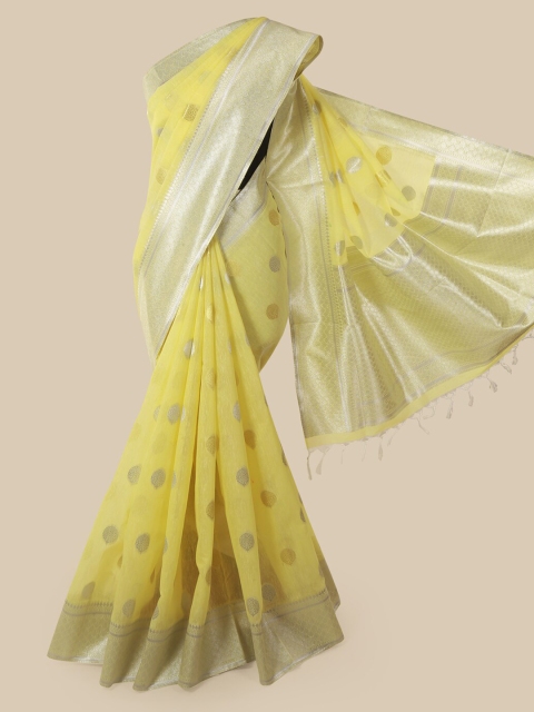 Pothys Yellow & Silver-Toned Jute Silk Woven Design Saree