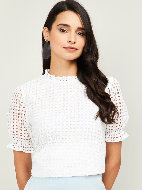 Bossini White Embellished Puff Sleeves Regular Top