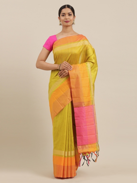 The Chennai Silks Lime Green & Pink Viscose Rayon Solid Saree