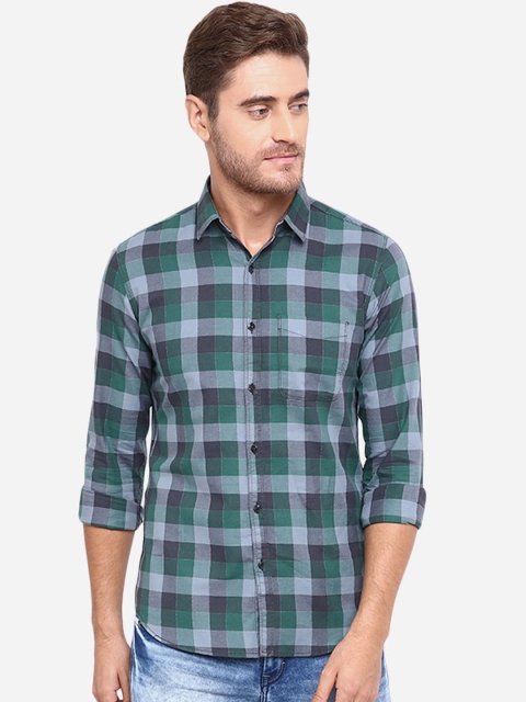 JADE BLUE Men Green Slim Fit Checked Pure Cotton Casual Shirt