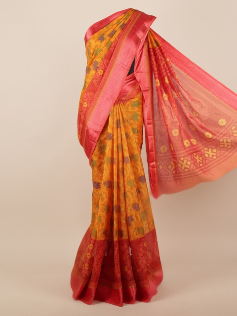 Pothys Mustard Yellow & Pink Jute Silk Floral Printed Saree