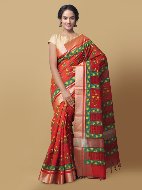 Unnati Silks Orange & Green Silk Cotton Printed Chanderi Handloom Saree