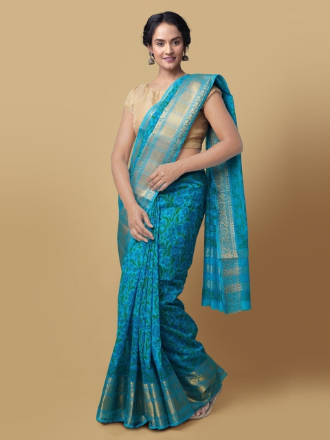 Unnati Silks Blue & Green Silk Cotton Printed Chanderi Handloom Saree