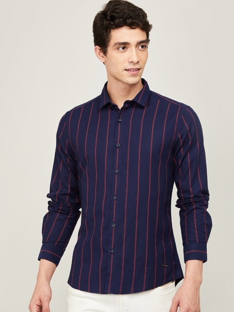 Bossini Men Navy Blue Regular Fit Striped Cotton Casual Shirt