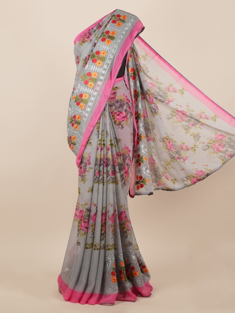 Pothys Grey & Pink Poly Chiffon Printed Saree