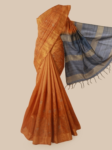 Pothys Orange Embroidered Jute Silk Saree