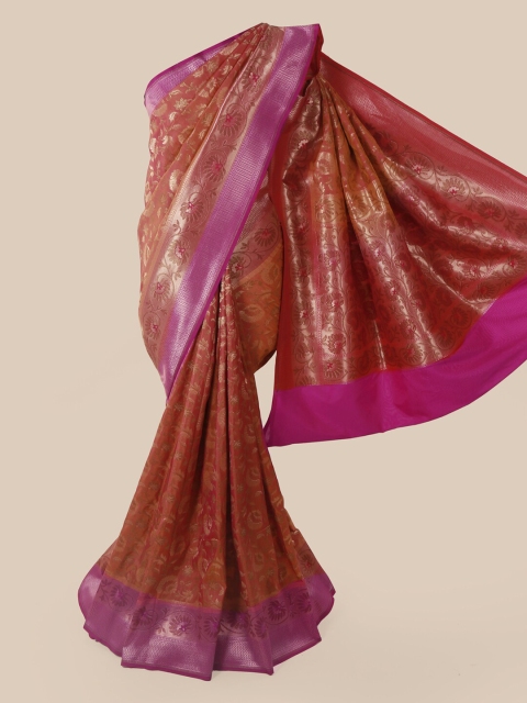 Pothys Magenta & Silver-Toned Pure Silk Woven Design Banarasi Saree