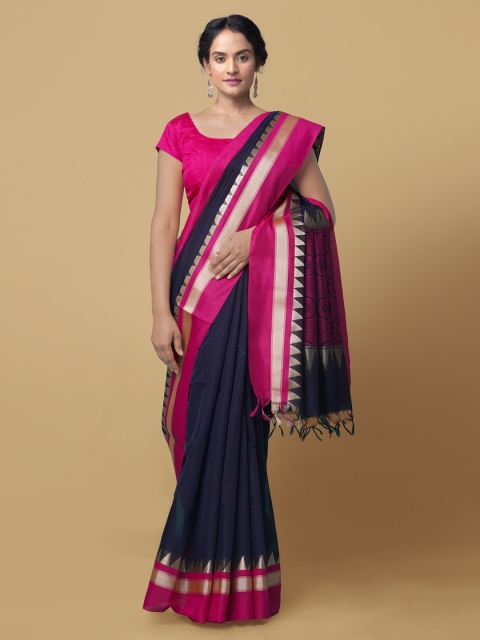Unnati Silks Navy Blue Solid Bhagalpuri Handloom Saree
