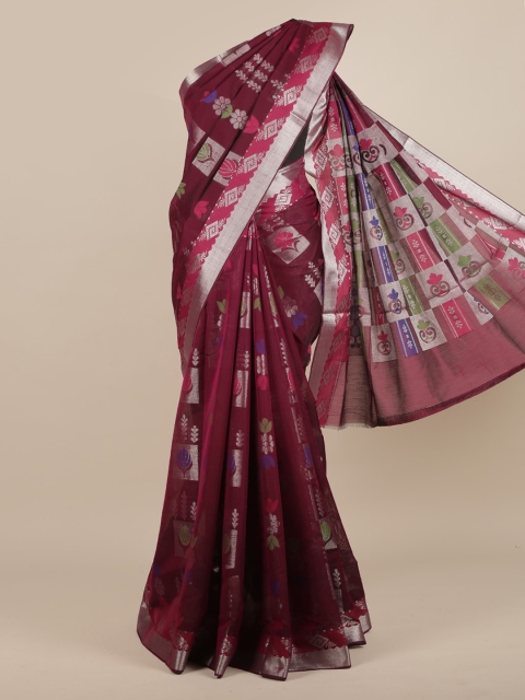 Pothys Burgundy & Silver-Toned Silk Cotton Woven Design Saree