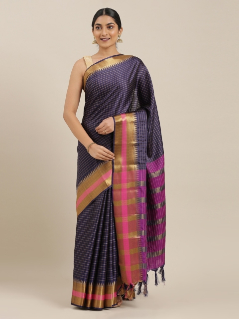 The Chennai Silks Navy Blue Checked Art Silk Saree