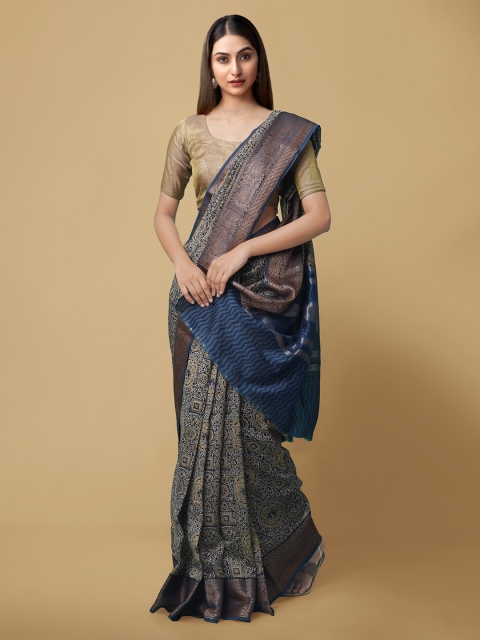 Unnati Silks Navy Blue & White Silk Cotton Printed Handloom Maheshwari Saree