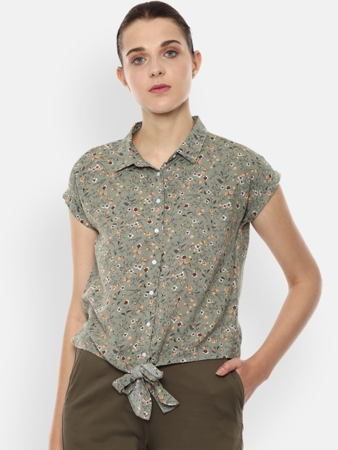Van Heusen Woman Grey & White Regular Fit Floral Printed Casual Shirt
