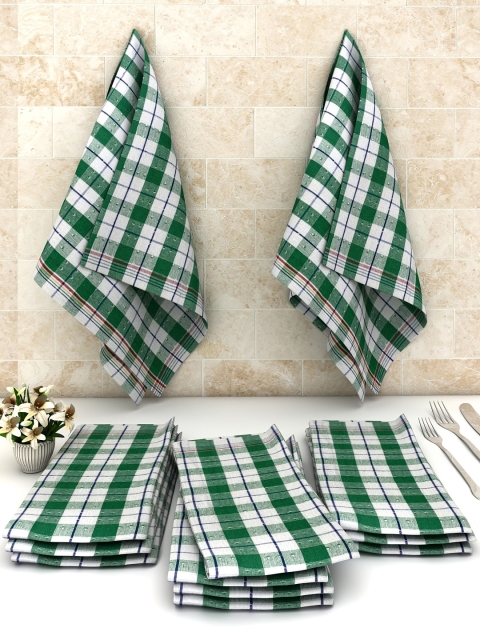Athom Trendz Set Of 12 Checked Cotton Multipurpose Kitchen Towels, Green